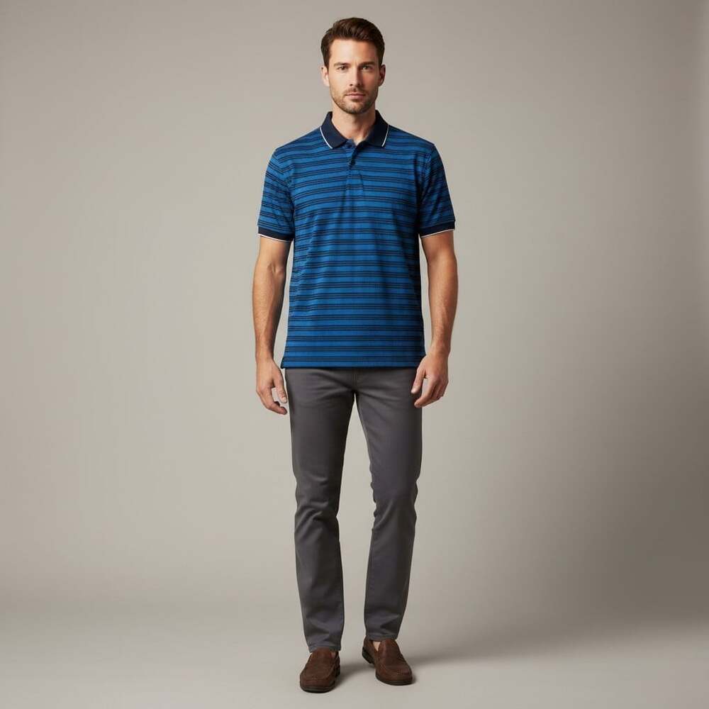UNTUCKit Fontaine Polo Shirt Men's Large Blue Navy Stripe Tipped Collar